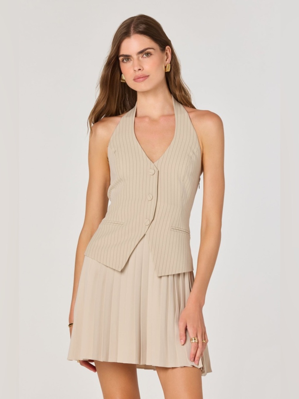 ASTR The Label Halter Pleated Mini Dress Size Medium Tan New